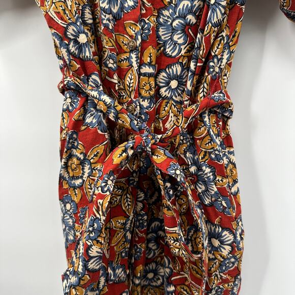 FAHERTY NWT Carmel Linen Blend Tie Waist Red Floral Button Down Midi Dress // M - Picture 10 of 16